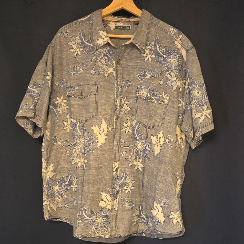 Cubavera Short-Sleeve Floral Button-Down Shirt - Blue Cream